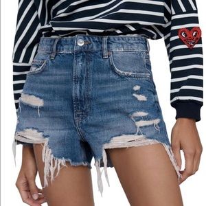 Zara High Rise Distressed Denim Shorts